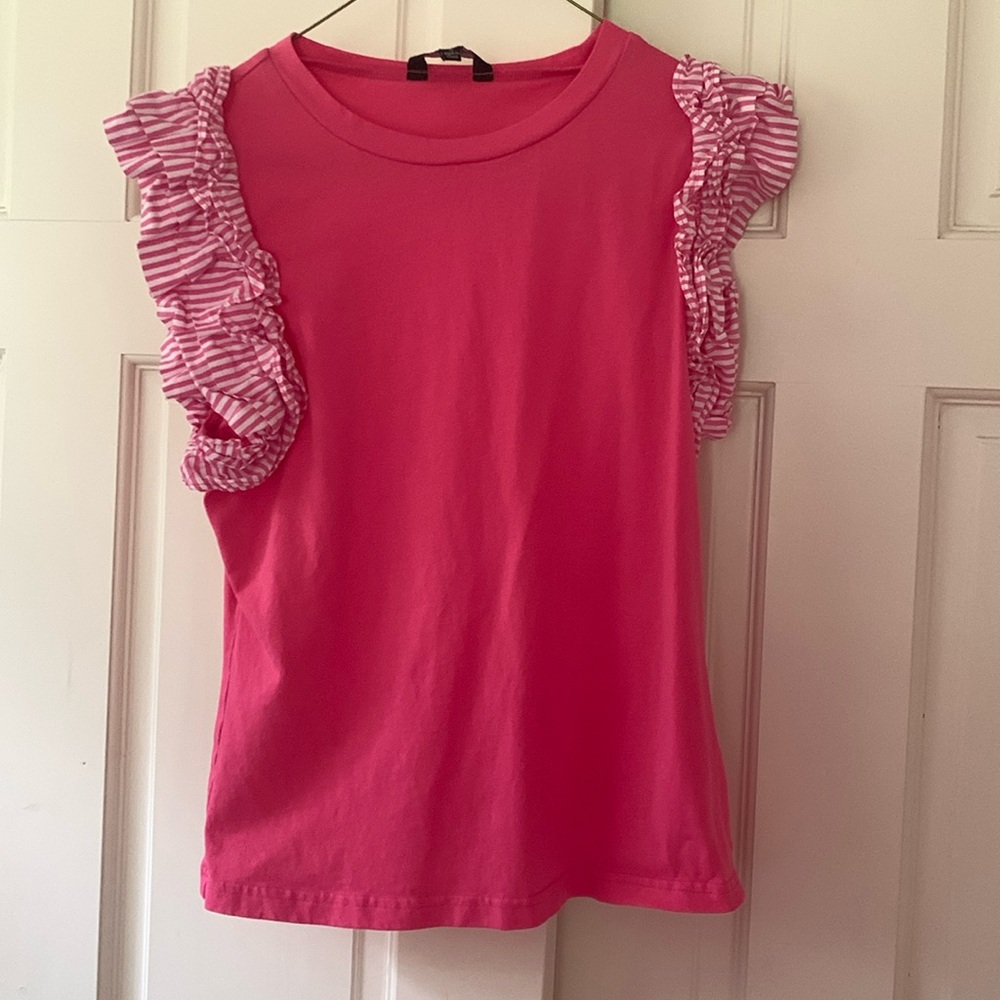 Strut & Bolt, small women’s shirt, pink with pink & white ruffle sleeves.